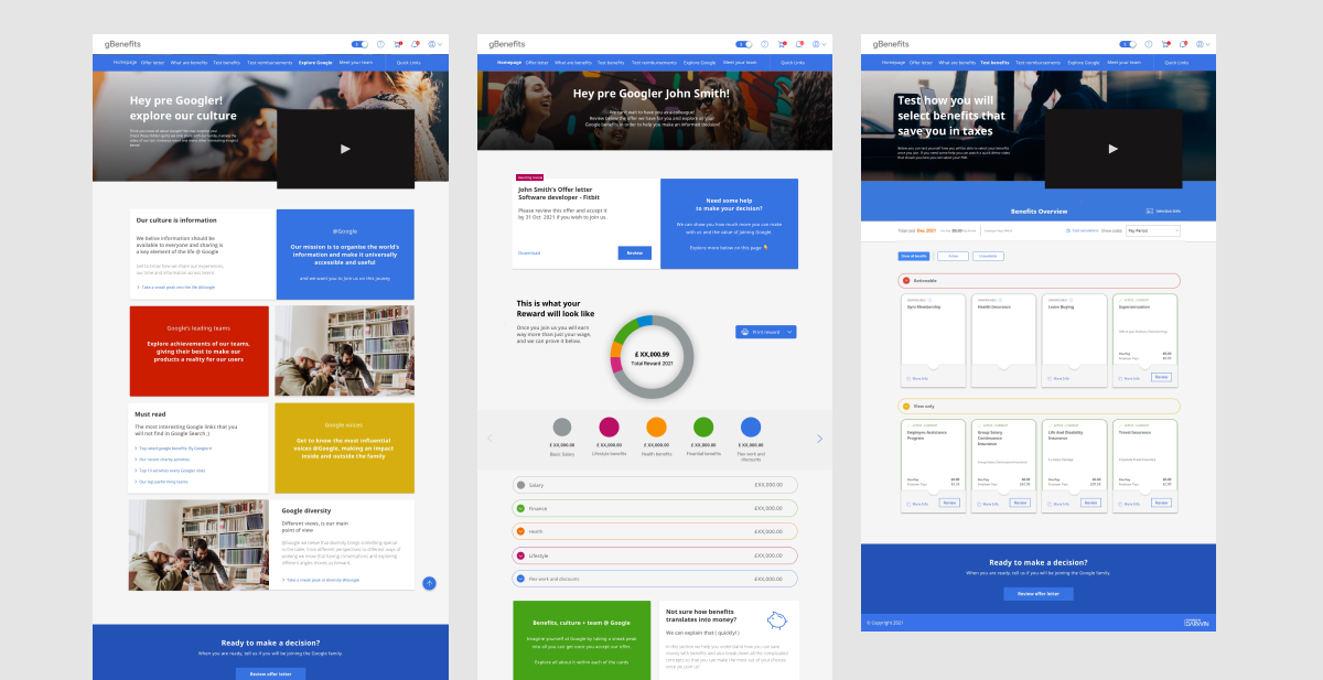 gBenefits homepage, offer letter, and benefits overview screens
